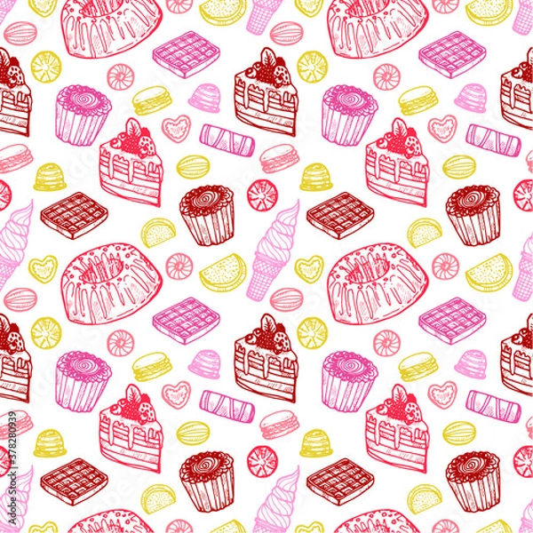 Fototapeta Seamless pattern with cute hand drawn sweets and candies