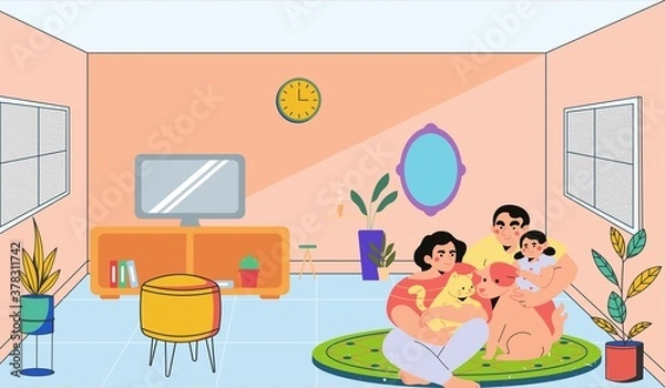 Fototapeta Parents enjoying at home with kids and pets in the time of covid 19