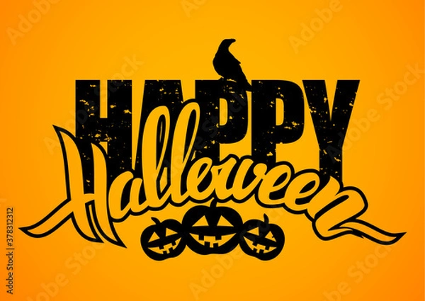 Obraz Hand drawn lettering composition with Happy Halloween, raven and pumpkins isolated on orange background.