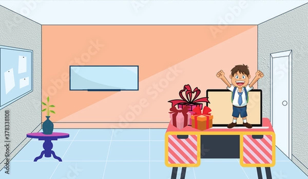 Fototapeta A kid celebrating with gifts in house after lockdown