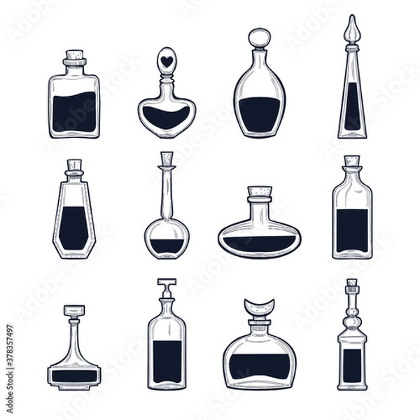 Obraz Hand drawn potion bottles set, vector illustration