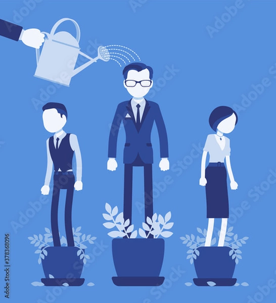Fototapeta Growing male talent from favorite employee. Helping one person grow in plant pot, watering to support, make strong, healthy, give professional growth, training. Vector creative stylized illustration
