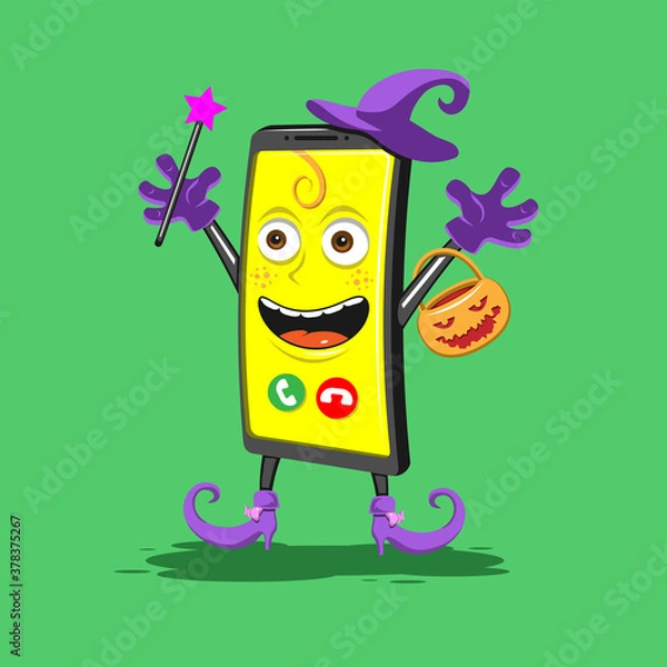 Fototapeta funny cartoon smartphone in boots hat with basket for Halloween on a green background. Vector image