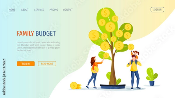Fototapeta Growing tree with coins. Young famil picking cash from the money tree. Profit, income, making money, financial success, investment, family budget concept. Vector illustration for banner, website.