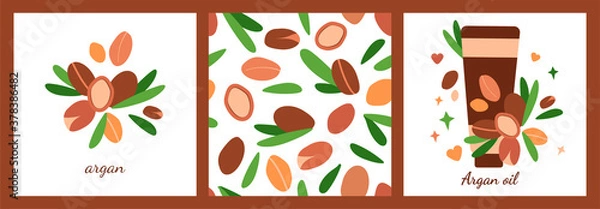 Obraz set of three templates with tube of argan oil. seamless pattern. argan berries with leaves. modern abstract design for background, packaging paper, cover, fabric, card, cosmetics and oil