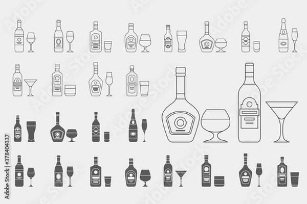 Fototapeta Alcohol drink Icons set - Vector outline symbols and silhouettes of glass, bottle, wine, beer, champagne, whiskey, vodka, cognac and others for the site or interface