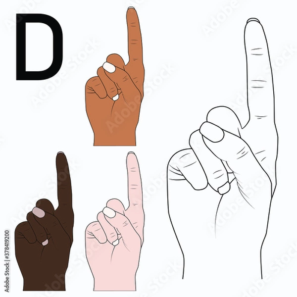 Fototapeta "D" is the fourth letter of the alphabet in Sign Language, English. Black and white drawing by hand and by skin tone. Vector illustration