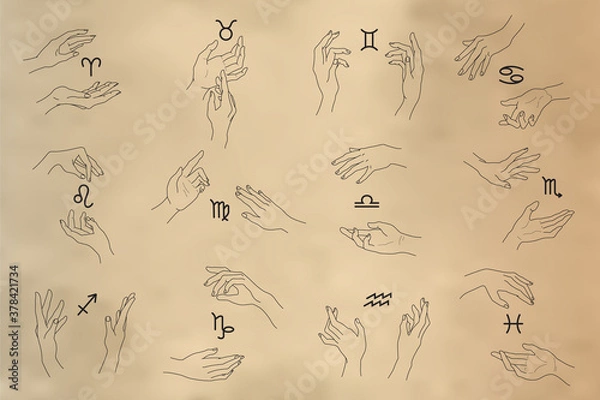 Fototapeta Set of magic hands with zodiac glyphs in outline style. Collection of isolated gestures and zodiac signs in golden color on black background. Vector illustrations for logotypes, prints, cards, clipart