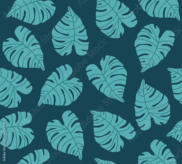 Fototapeta Vector illustration of monstera leaves in green colours. Colorful background texture for kitchen, wallpaper, textile, fabric, paper. Tropical leaves illustration.