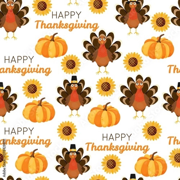 Obraz Happy thanksgiving day seamless vector pattern with text, turkey and pumpkin