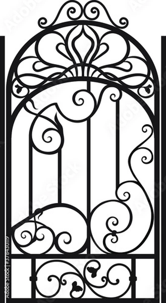 Fototapeta Forged fence. Gothic door, vector design. Decorative garden gate. Metal pattern or iron wicket for garden, castel. Rich ornament. Scroll-work