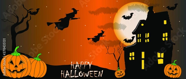 Fototapeta Tarjeta de felicitación para halloween, casa aterradora rodeada de murciélagos, dos brujas volando en sus escobas y calabazas malvadas en medio del campo oscuro y espeluznante
