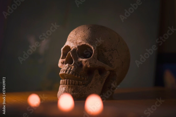 Obraz Halloween, skull on the table, candlelight on a dark background, horror, spooky, dark, dark