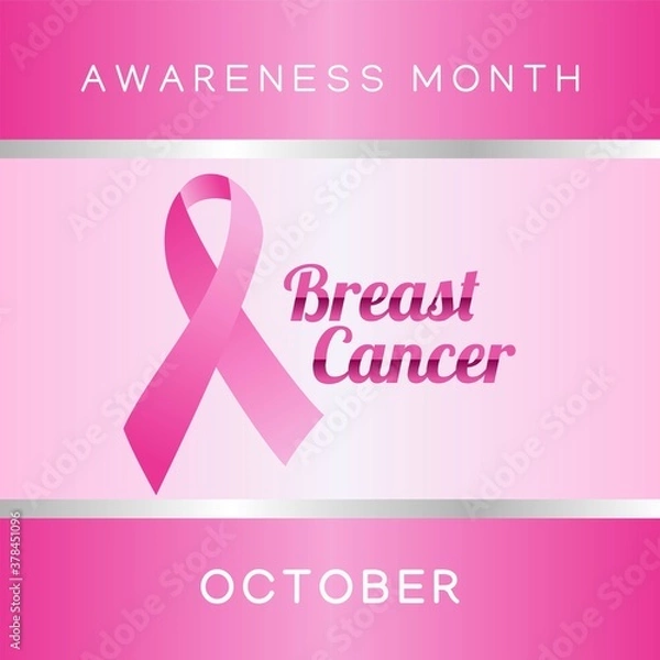 Fototapeta Breast cancer awareness month poster background concept design. Realistic pink bow ribbon vector illustration template