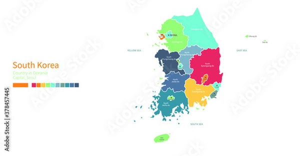 Fototapeta Mapa Korei Południowej. Kolorowe szczegółowe mapy wektorowe kraju Azji, Oceanii, Pacyfiku.
