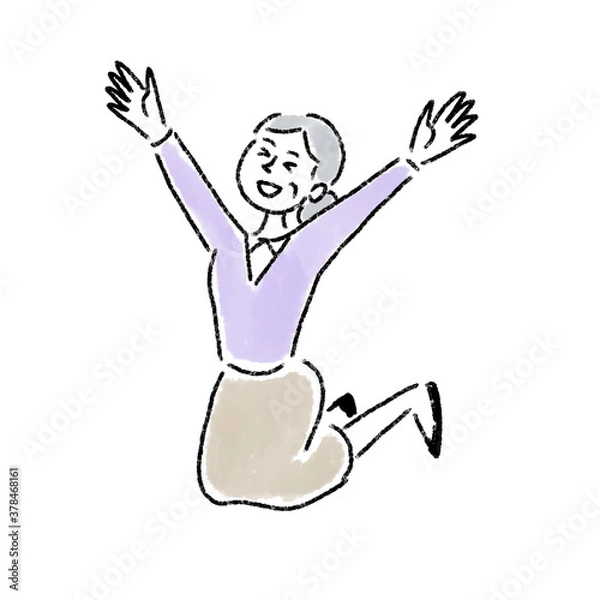 Fototapeta ジャンプ　喜ぶ　女性　シニア　水彩　手描き
