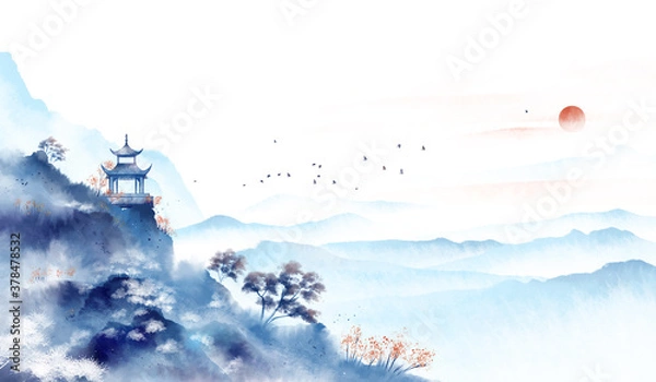 Fototapeta Blue ink landscape painting, oriental color ink painting.Asian culture.