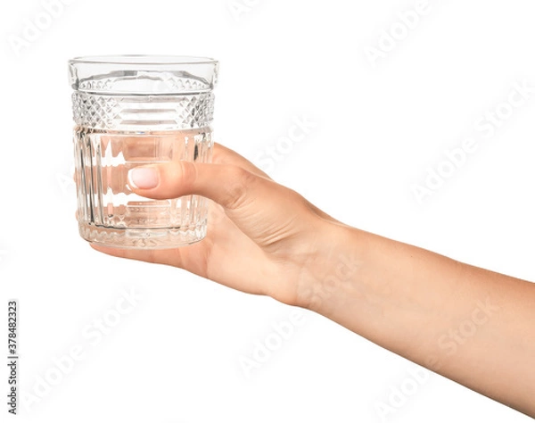Fototapeta Hand with empty glass on white background