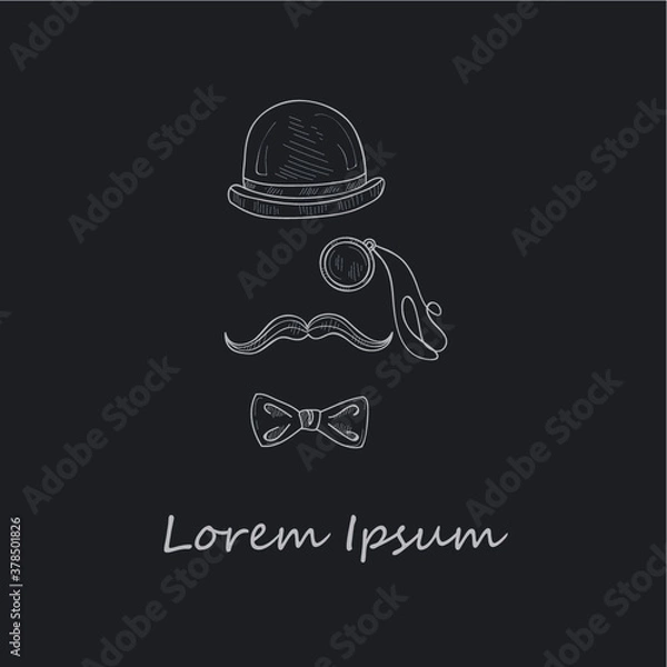 Fototapeta Composition with hand drawn  silhouette of bowler, mustaches, monocle and a bow tie. Vector illustration.