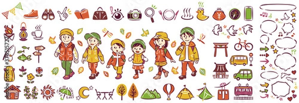 Fototapeta 秋の紅葉狩り旅行　アウトドアレジャー　三世代家族　アイコンイラストと吹き出し　セット