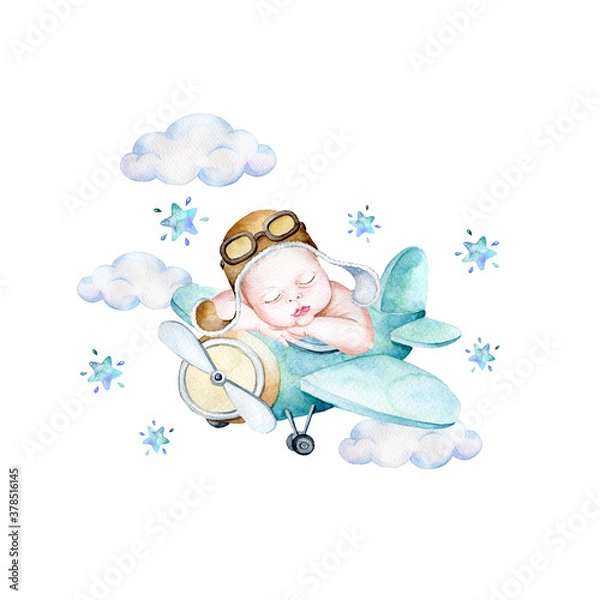 Fototapeta Akwarela chłopca ilustracja, dziecko w ilustracji samolotu, beby śni, ilustracja noworodka chłopca