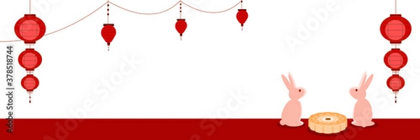 Obraz jade rabbit, mooncake and lantern with white background. Mid-Autumn festival vector illustration