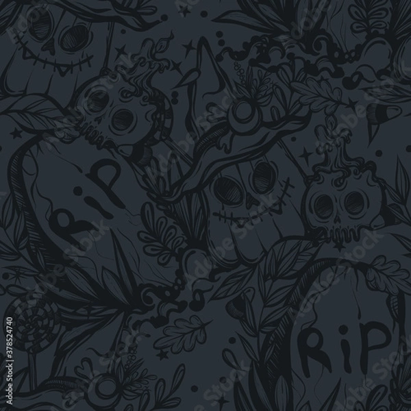 Fototapeta Vector illustration, Happy Halloween, grave, pumpkin, witch's hat, skull, mysticism,leaves. Handmade, prints, background dark,seamless pattern