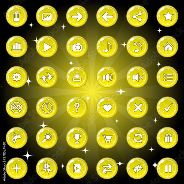 Obraz Buttons and icon set design for game or web theme is yellow. Premium Vector illustration.
