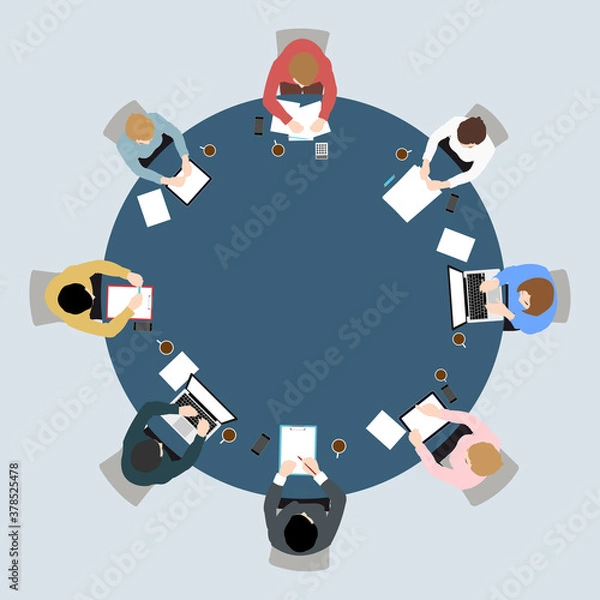 Fototapeta Business meeting top view on circle  table conference office team .vector illustration