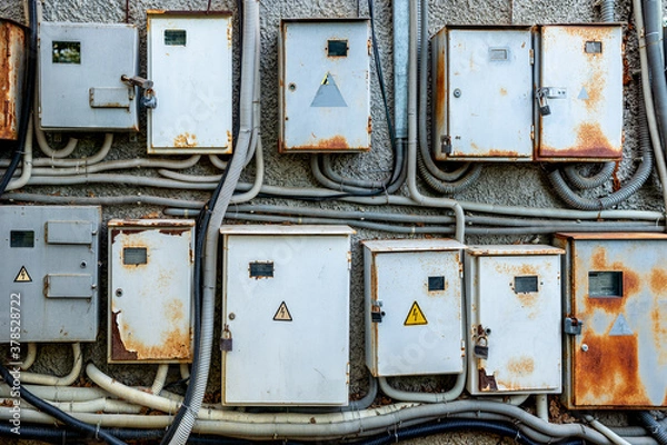 Fototapeta Old rusty metal electrical boxes with wires on the wall of an electrical distribution substation