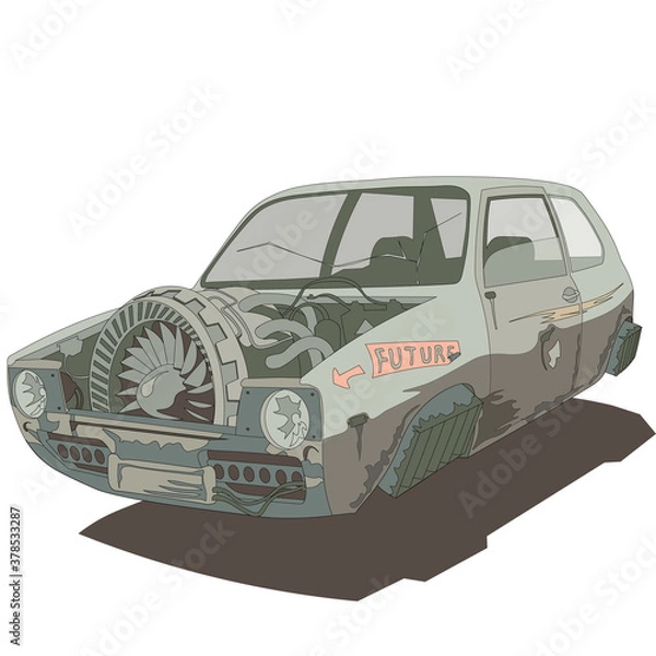 Obraz Cyberpunkowy samochód, postradziecki, mroczny zombie. Ilustracji wektorowych