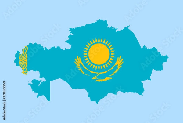 Fototapeta Map of Kazakhstan on a blue background, Flag of Kazakhstan on it.
