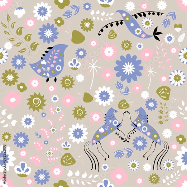 Obraz Seamless folk pattern with flowers and animals, vector illustration