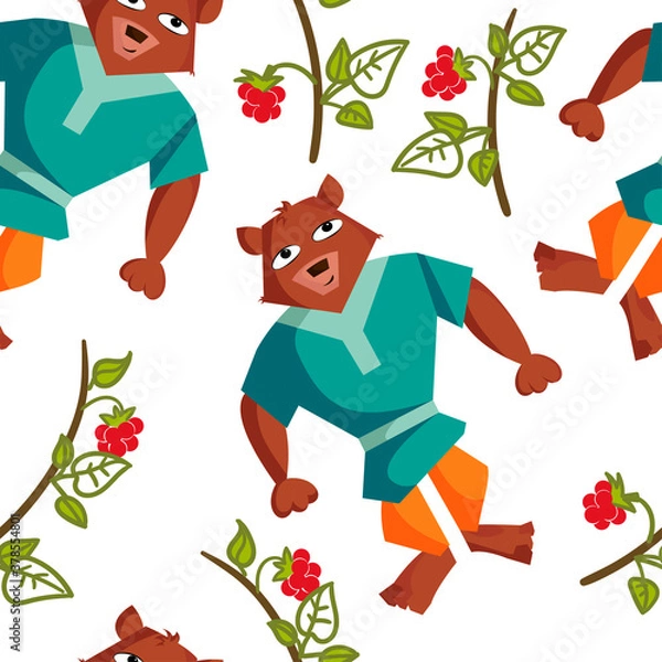 Obraz Hilarious baby bear in raspberry pattern seamless on white background