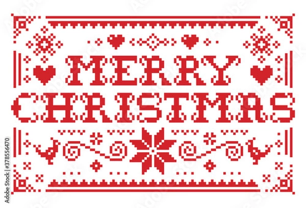 Fototapeta Wesołych Świąt Bożego Narodzenia wektor wzór karty z pozdrowieniami w kolorze czerwonym na białym tle - skandynawskie dziewiarstwo, wzór haftu krzyżykowego