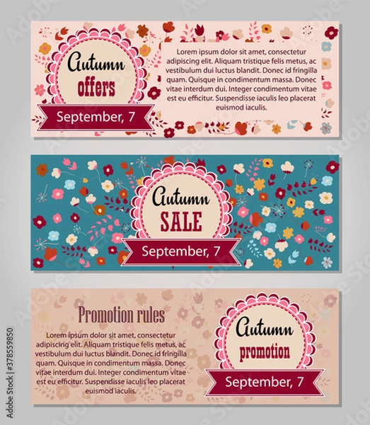 Obraz Set template card with flowers, fall sales, vector illustration