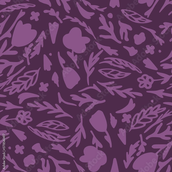 Fototapeta Forest botanic silhouettes seamless doodle pattern. Purple tones dark stylized artwork.