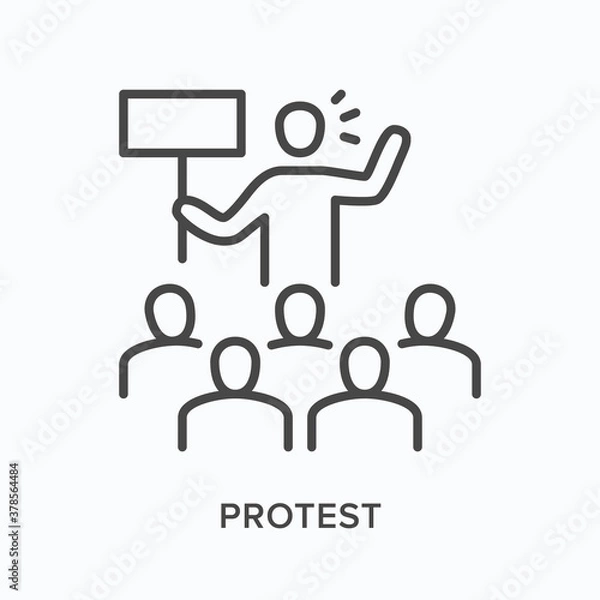 Fototapeta Protest flat line icon. Vector outline illustration of people crowd on demonstration, activist with banner. Strike thin linear pictogram