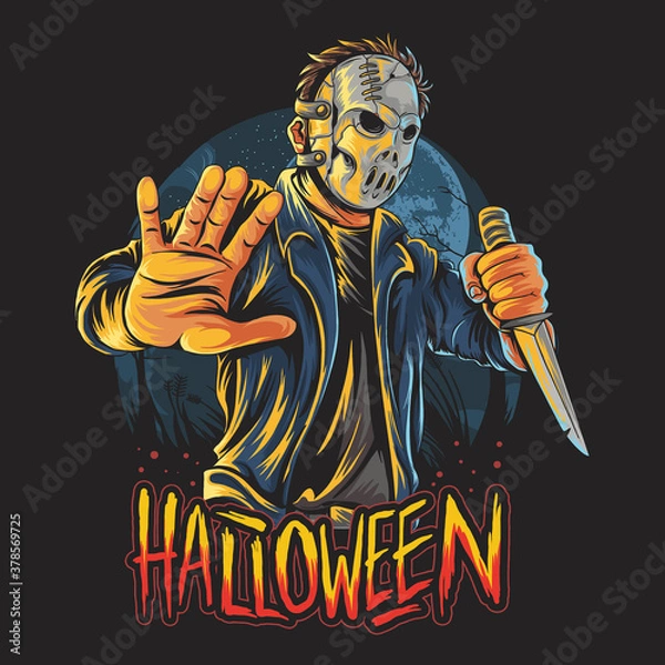 Fototapeta masked man halloween costume party with knife in hand