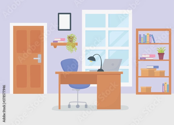 Fototapeta office workplace desk chair lamp laptop shelf window bookcase and door