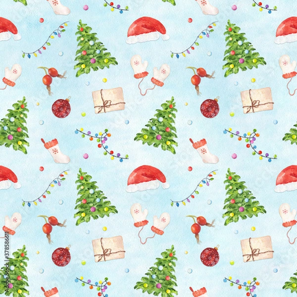 Fototapeta Watercolor seamless pattern with Christmas elements on blue snowy background. Hand drawn watercolor illustration.