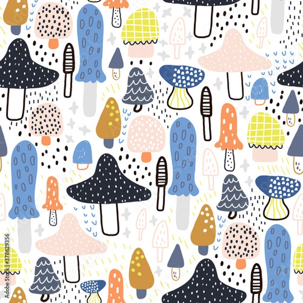Fototapeta Abstarct seamless pattern with mushrooms. Creative vector childish background for fabric, textile