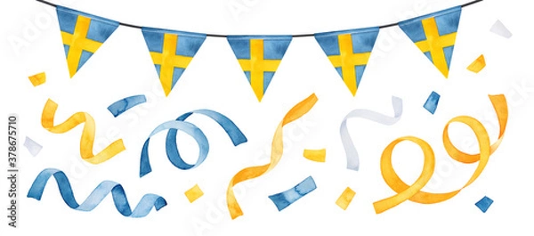 Obraz Water color collection of festive garland, flag of Sweden and party confetti. Blue, yellow and white colours. Handdrawn watercolour graphic painting, cut out clip art elements for design decoration.