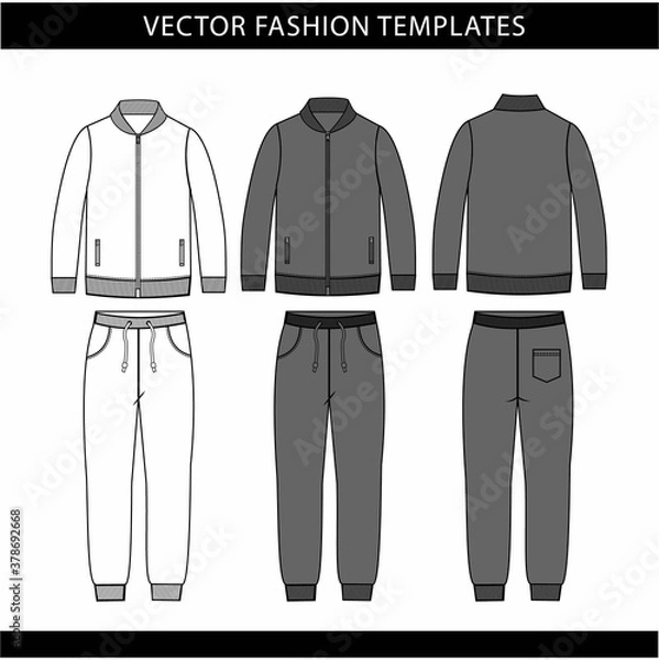 Obraz jacket and Sweat pants fashion flat sketch template, jogging outfit front and back, sport wear outfit 