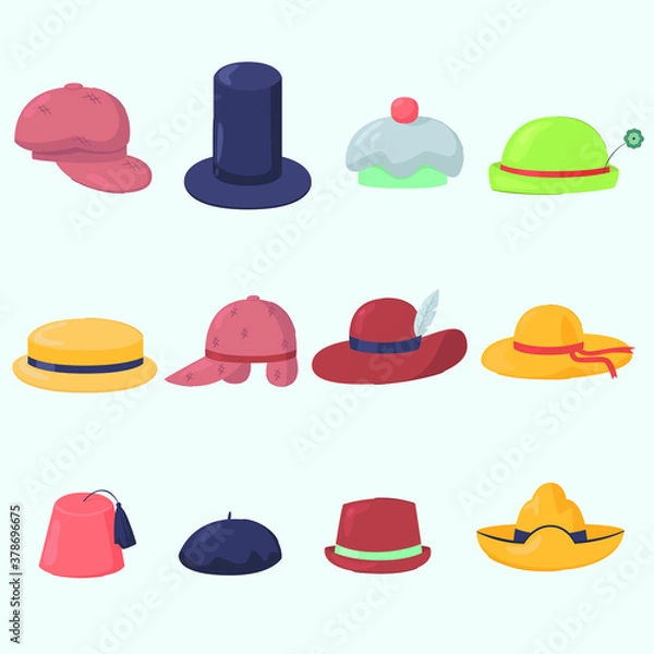 Obraz various hats caps collection flat design