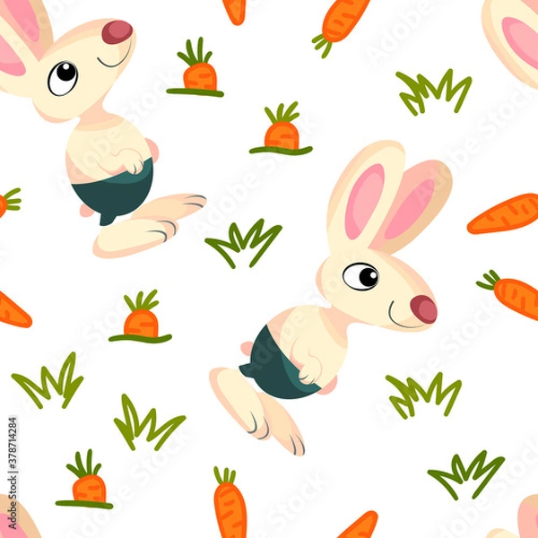 Obraz rabbit pattern on a white carrot background. Cute baby hare