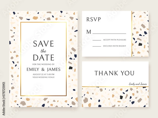 Fototapeta Terrazzo wedding invitation card. Abstract design template bridal flyers with marble texture, save date and name. Announcement vector set. Thank you card, RSVP with pieces, modern design