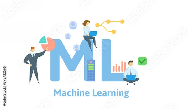 Fototapeta ML, Machine Learning. Concept with keywords, people and icons. Flat vector illustration. Isolated on white background.