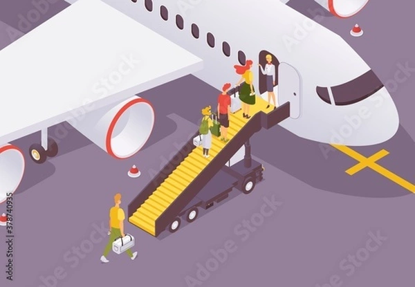 Fototapeta People getting to aircraft isometric scene. Vector characters with luggage and bags walking on passenger stairs while boarding