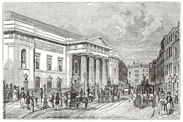 Obraz Old outdoor view of Covent Garden theater, London, in a busy street with people and carriages. Ancient engraving style art by unidentified author, The Penny Magazine, London 1837